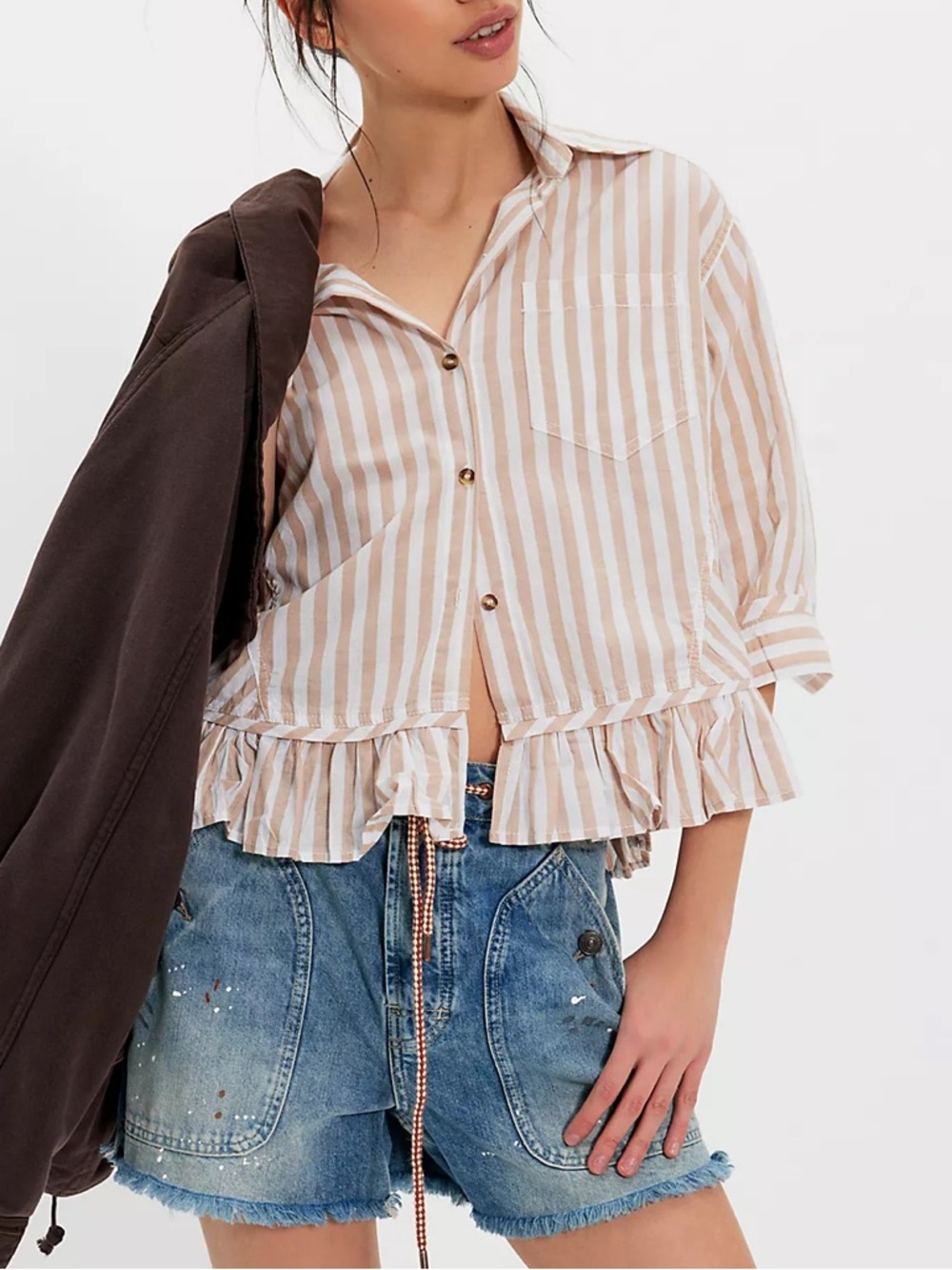 Free People We The Free Bailey Stripe Shirt - Neutral Combo - Medium - NWOT